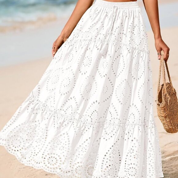 Women Boho Casual Skirts Summer 2025 Lace Embroidery Eyelet Elastic Waist Flowy - Picture 8 of 8